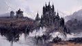 Digital painting of a fantasy castle in the clouds in a low key color scheme and gothic architecture - fantasy illustration