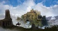 Digital painting of a fantasy castle surrounded by waterfalls with a dangerous adventurer on horseback exploring the environment