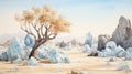 Watercolor Icy Desert With Pear Trees Illustration By Bruno Mars Royalty Free Stock Photo