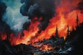 A digital painting of a forest wildfire with burning trees Royalty Free Stock Photo