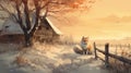 Digital Painting Of A Fox In The Snow Near A Farm