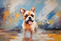 Digital painting of a French bulldog standing on the ground with a blurred background