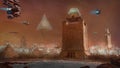 Digital painting of a futuristic sci-fi ancient egyptian temple with space ships flying over head - fantasy illustration