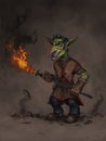 Digital painting of goblin character holding a flaming torch and smiling against an abstract background - digital fantasy