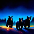 Digital painting of a group of bears in the forest at night. Generative AI