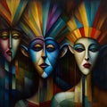 Digital painting of a group of carnival masks with colored feathers