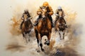 Digital painting of a group of jockeys riding a race horses AI Generated Generative AI