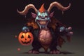 Digital painting of a Halloween-themed demon creature in a playful disguise, ready for trick-or-treating, against a neutral Royalty Free Stock Photo