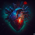 Digital painting of heart with bunch of wires coming out of it. Generative AI