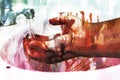 Digital painting of injured hands with blood, washing hands in basin