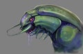 Digital Painting isolated on neutral gray of a sci-fi bug creature portrait with green shell and purple slime - fantasy concept