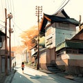 Digital painting of a Japanese street in the old town of Kyoto, Japan