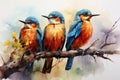 Digital painting of kingfishers sitting on a branch in autumn. AI generated Generative AI