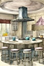 A Digital Painting Of A Kitchen With Stools. Generative AI