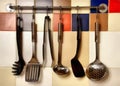 Digital Painting- Kitchen utensils hanging on a colored tile wa