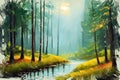 Digital painting landscape with calm forest river Royalty Free Stock Photo