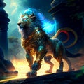 Digital painting of a lion in a fantasy landscape. 3D illustration Generative AI Royalty Free Stock Photo