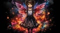 a digital painting of a little girl dressed as a fairy with wings and a dress with a bow on her head