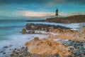 Digital painting of a low tide at the Trwyn Du lighhouse at Penmon Point in Anglesey, North Wales