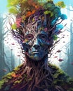 a digital painting of a man with tree roots on his head Royalty Free Stock Photo