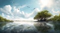 Digital Painting Of Mangrove And Spoon With Breathtaking Sky