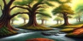 Digital painting of a mighty oak tree forest , panorama. AI Generative Royalty Free Stock Photo