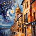 Digital painting modern artistic artwork, drawing in oil. European famous street view, beautiful old vintage houses