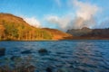 Digital painting of Blea Tarn in the English Lake District with views of the Langdale Pikes, and Side Pike during autumn Royalty Free Stock Photo