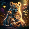 Lioness with Cubs hugging heart Digital painting of a mother lion with her baby lion cubs. AI generated animal ai