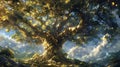 Digital painting of an old oak tree with golden leaves and sun rays Royalty Free Stock Photo