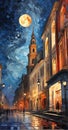 Digital painting of old town at night, Prague, Czech Republic. Royalty Free Stock Photo