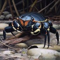 Digital painting of an orange and black scorpion beetle on the rocks