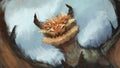 Digital painting of an orange dragon creature with horns flying over a blue sky - fantasy illustration
