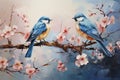Digital painting of a pair of bluebirds sitting on a branch of sakura AI generated Generative AI
