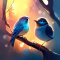 Digital painting of a pair of bluebirds sitting on a tree branch generative AI
