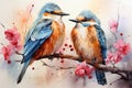 Digital painting of a pair of kingfishers on a branch with flowers Generative AI Generative AI