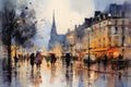 Digital painting of Paris street with Eiffel Tower in the background, Impressionism painting of a town in the evening, AI