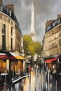 Digital painting of Paris street with Eiffel tower in Paris, France Royalty Free Stock Photo