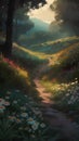 Digital painting of a path in a beautiful meadow full of flowers Royalty Free Stock Photo