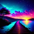 Digital painting of a path leading to the sea with a beautiful sunset generative AI