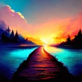 Digital painting of a path leading to the sea at sunset, illustration AI generated