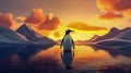 Digital Painting of Penguin in Water, Melting Iceberg at Sunset Royalty Free Stock Photo