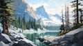 Glacier Sketch: Snowy Mountains And Pine Trees By The Lake