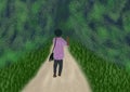 Digital painting of person walking into woods