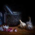 Digital painting of a pestle and mortar with garlic Royalty Free Stock Photo