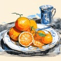 Digital Painting Of Plate Of Oranges With Blue Cup