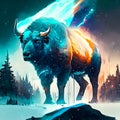 Digital painting of a powerful bison in the snowy forest at night AI generated