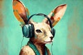 Digital painting of a rabbit listening to music with headphones. Vintage style