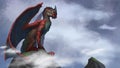 Digital painting of red and green dragon sitting on a cliff among the clouds waiting to fly away - digital fantasy illustration