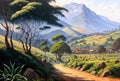 Digital painting of a rural road in the mountains of Sri Lanka. Summer landscape